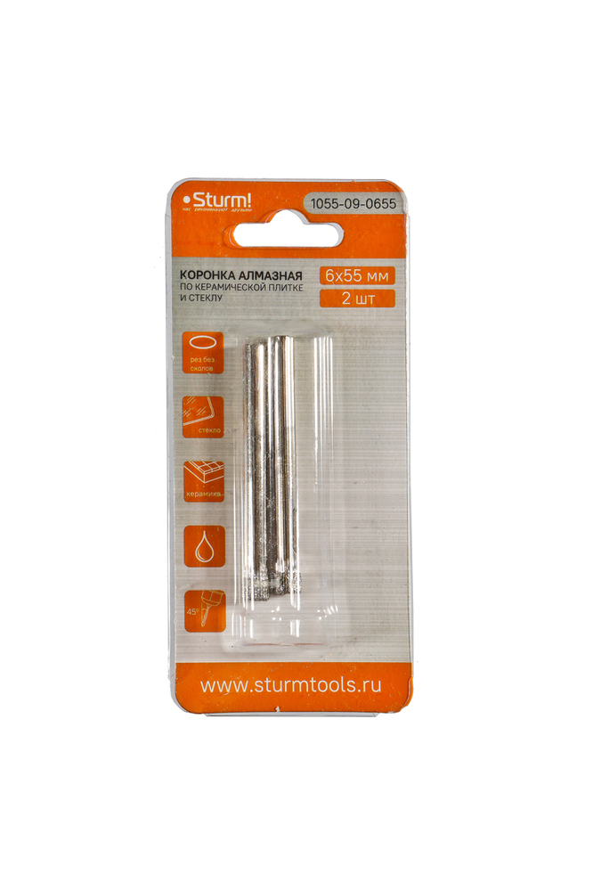 Коронка алмазн. По керам. Плитке и стеклу 6 х 55 мм, 2 шт., блистер, Sturm!