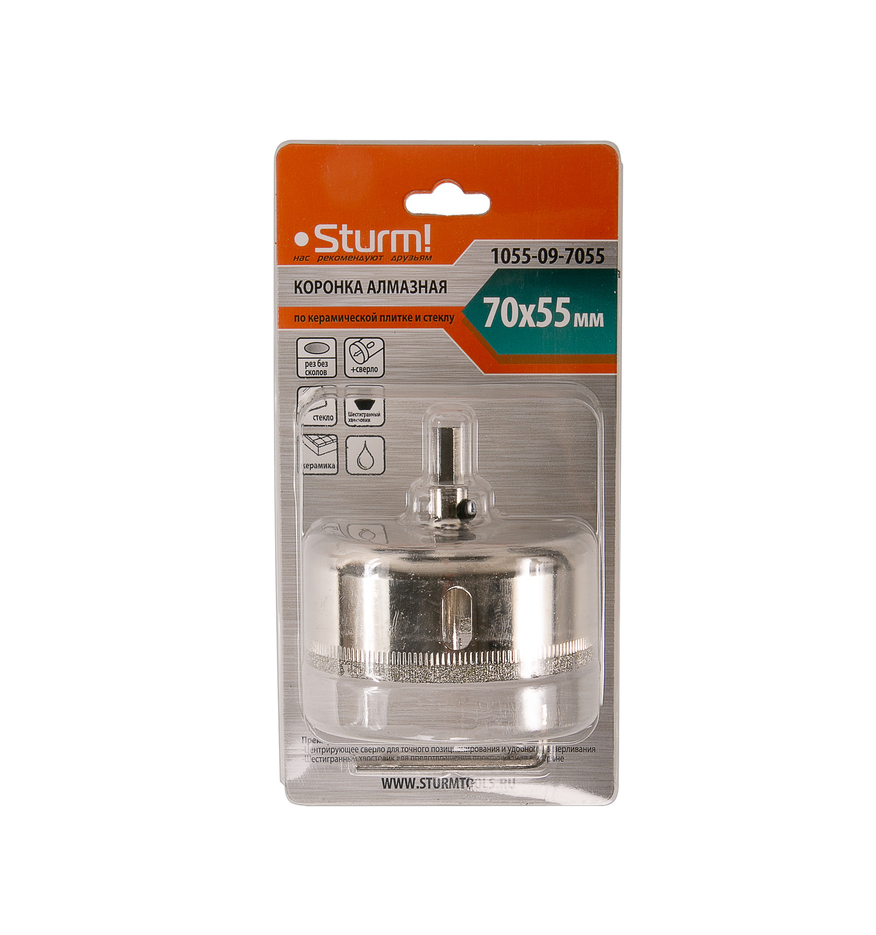 Коронка алмазн. По керам. Плитке и стеклу 70 х 55 мм,  с центрир. Сверл. Sturm!
