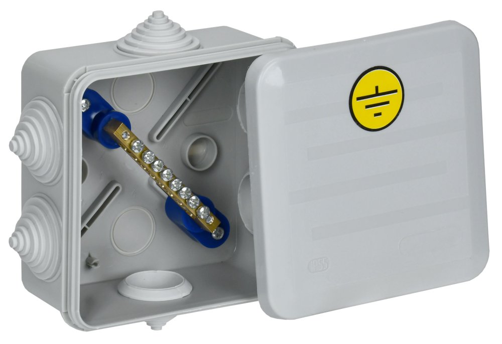 Коробка уравнивания потенциалов КУП КМ41361 с защелкивающейся крышкой 100х100х50мм IP44 6 гермовводов (RAL 7035) IEK