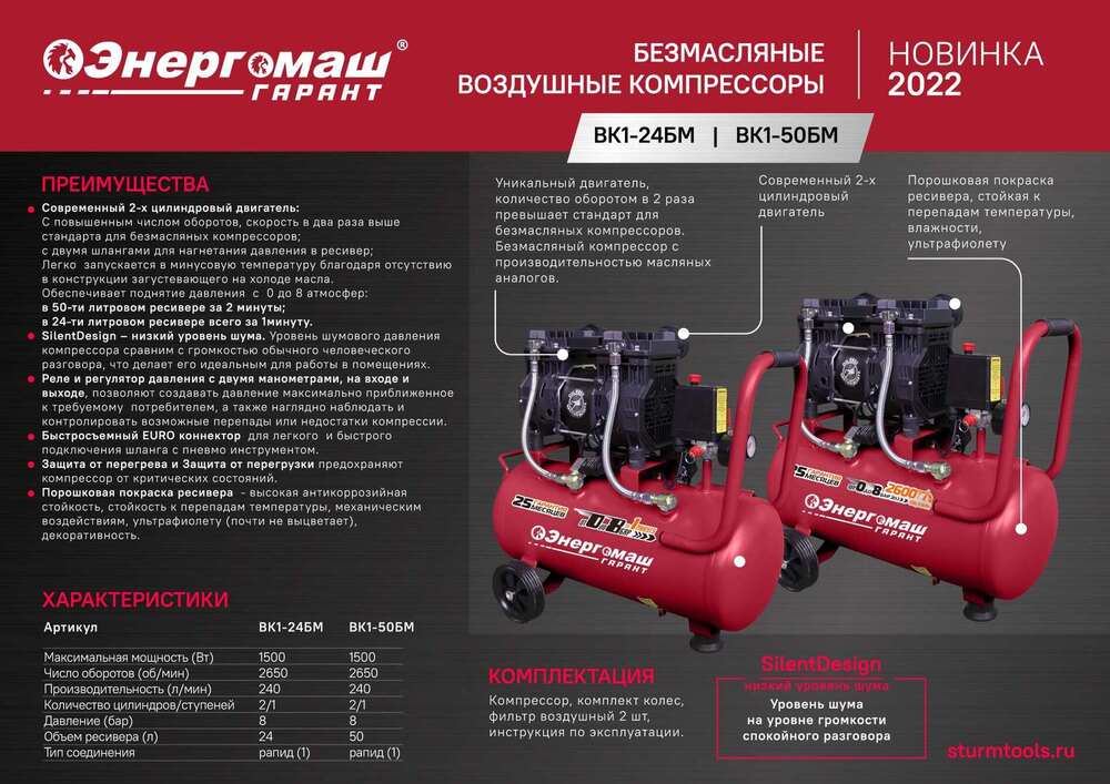 Компрессор безмасляный ВК1-24БМ Энергомаш ГАРАНТ 1,5кВт,240л/мин, ресивер 24л, бесшумный