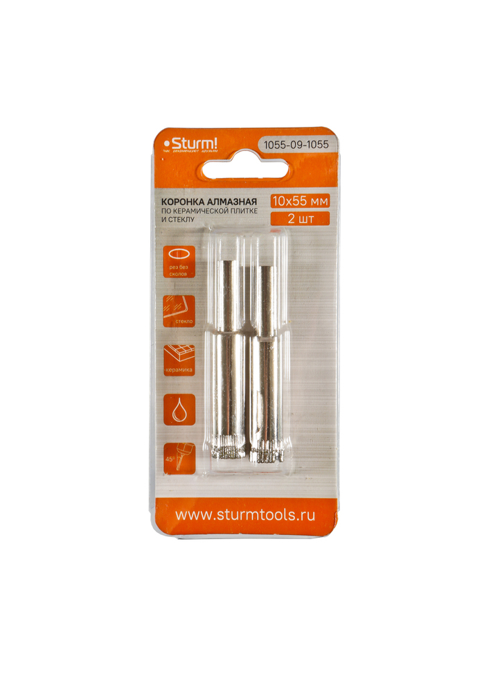 Коронка алмазн. По керам. Плитке и стеклу 10 х 55 мм, 2 шт., блистер, Sturm!