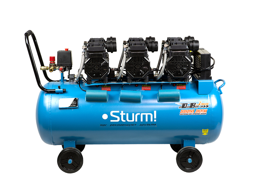 AC936100OLE Компрессор воздуш.безмасл. Sturm! 3х1500Вт,720л/мин, ресивер 100л, бесшумный