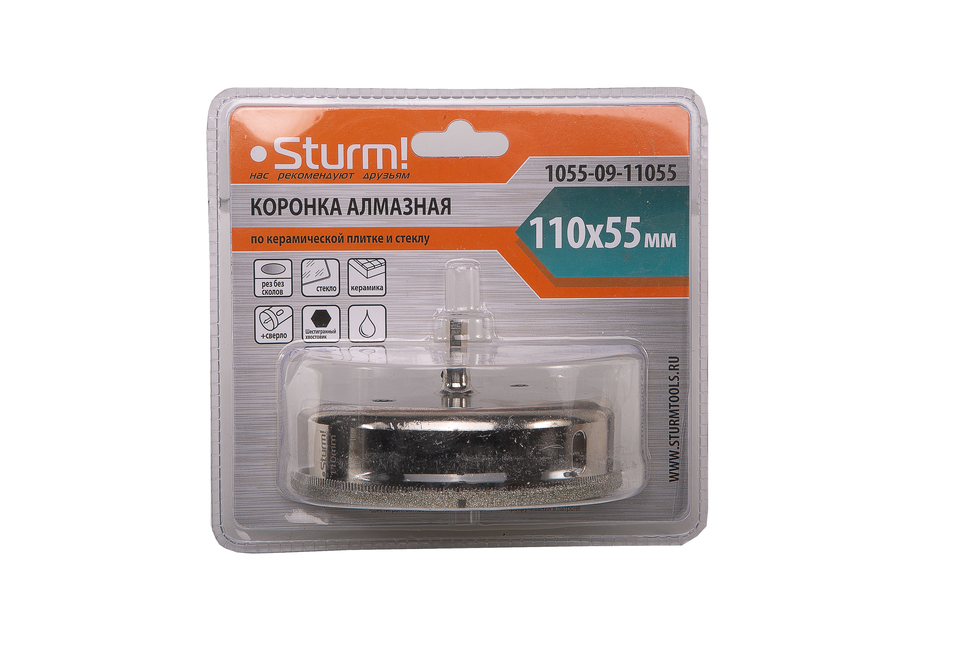 Коронка алмазн. По керам. Плитке и стеклу 110 x 55 мм,  с центрир. Сверл. Sturm!